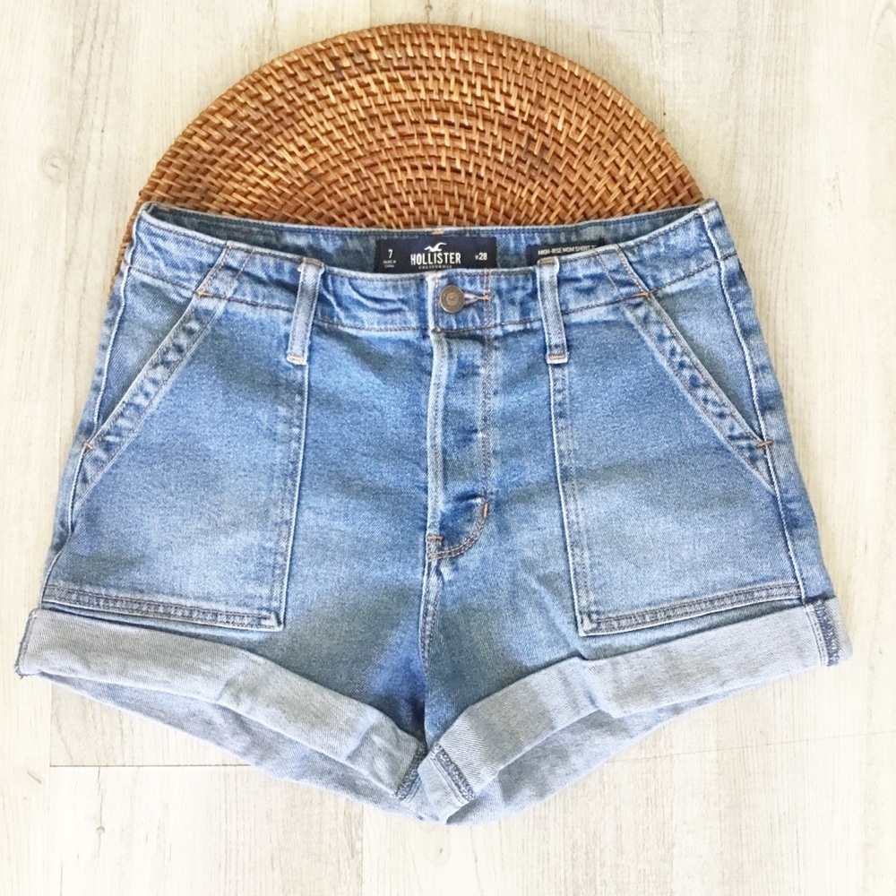 Hollister High Raise Mom Short 3 Rolled Cuffed Jean Shorts Size 28 Light Blue